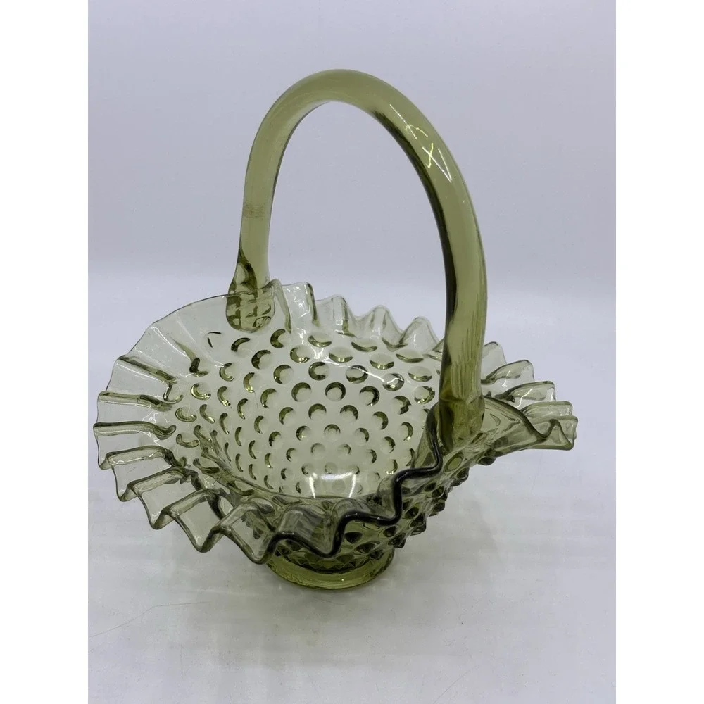 Vintage Fenton Green opalescent hobnail pattern glass flower Ruffled basket - Picture 2 of 6